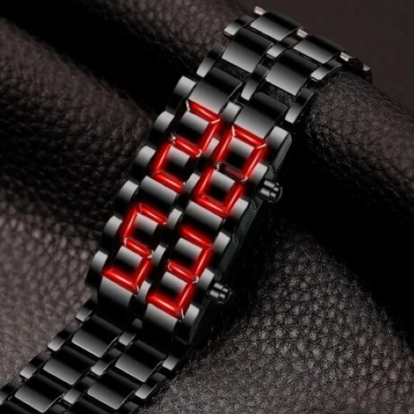 LED Digital Watch, Black & Red Stainless‎ Steel Lava Style, Samurai Bracelet - Picture 13 of 13